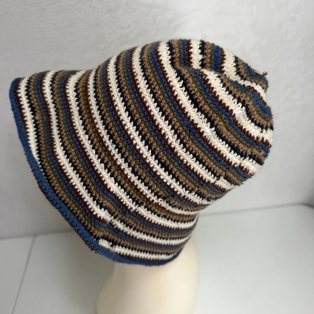 Vintage 90s Bucket Hat Crochet Knit Striped Boho Festival Knit Multicolor Retro